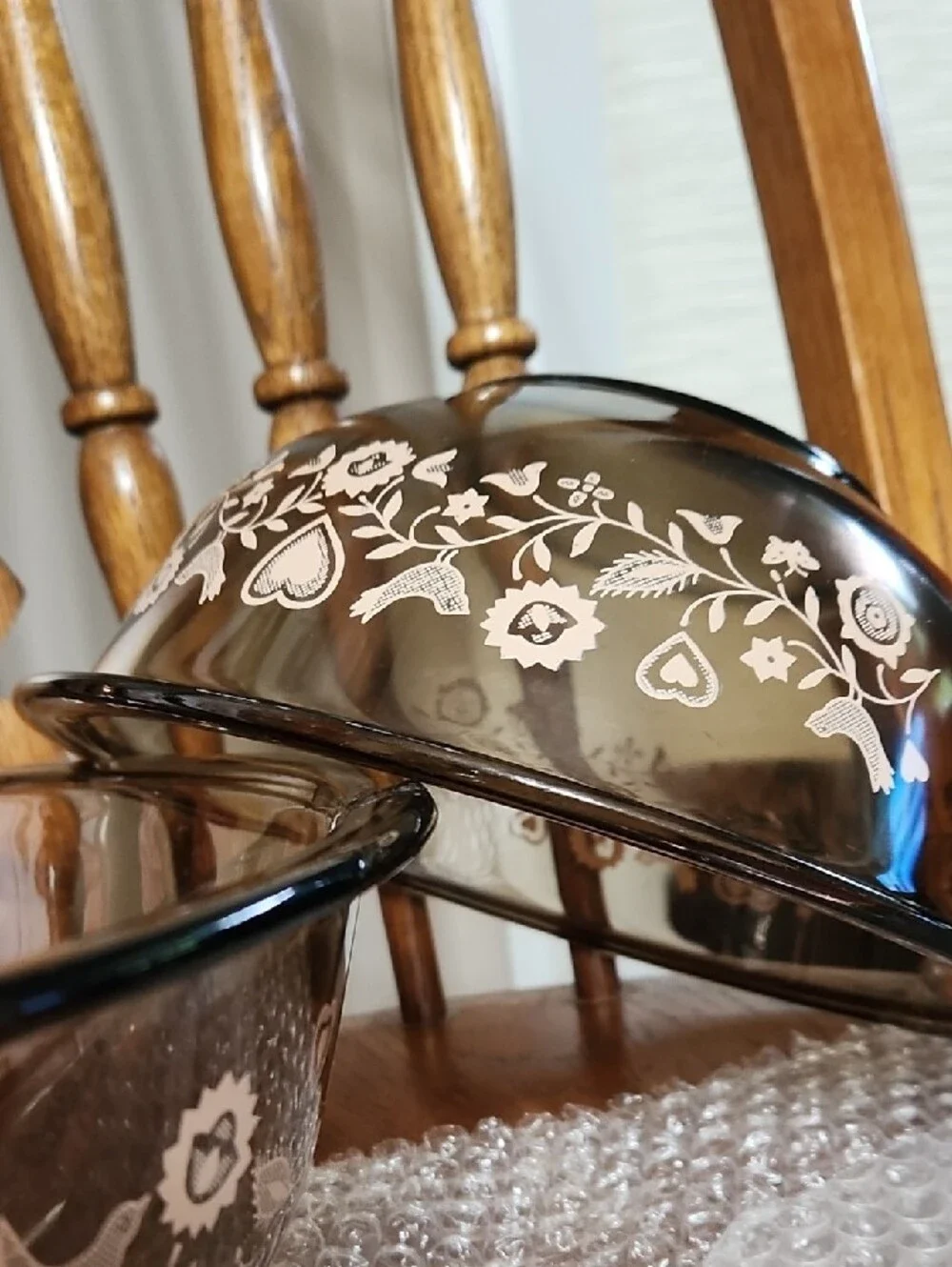 Vintage Amber Glass Mixing Bowl 2pc Set with  Floral Pattern